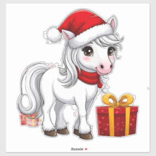 Sticker Joli cheval de Noël avec chapeau de Père Noël