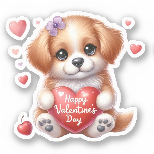 Sticker Joli chiot coeurs Bonne Saint-Valentin (Devant)