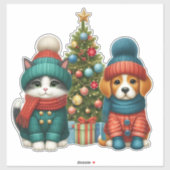 Sticker Joli chiot de Noël & chaton (Feuille)