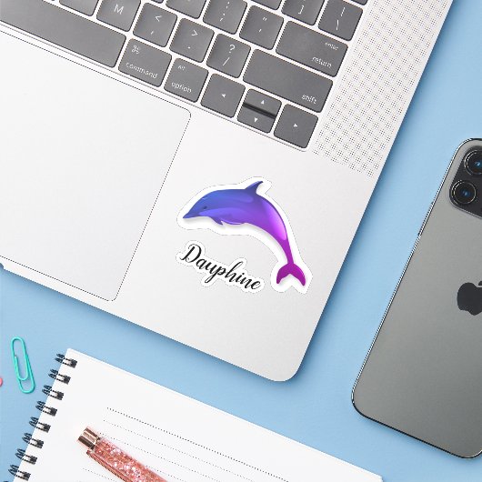 Sticker Joli dauphin violet - ajouter le nom (Ordinateur portable avec iPhone)