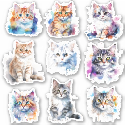 Sticker Joli Ensemble D'Expressions De Chat 9 Aquarelles (Devant)