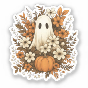 Sticker Joli Fantôme avec Citrouille et Fleurs d'Automne –