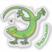 Sticker Joli gecko vert salutations avec dessin animé (Devant)