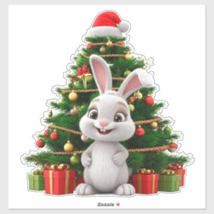Sticker Joli lapin au chapeau de Noël près d'un arbre déco