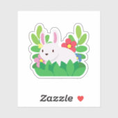 Sticker Joli Lapin Blanc Avec Fleurs (Feuille)