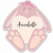 Sticker Joli Lapin Rose Fille Avec Fleurs Coeurs (Devant)