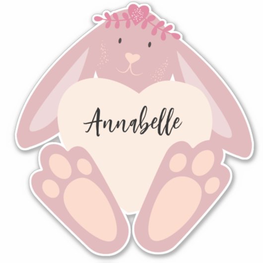 Sticker Joli Lapin Rose Fille Avec Fleurs Coeurs (Devant)