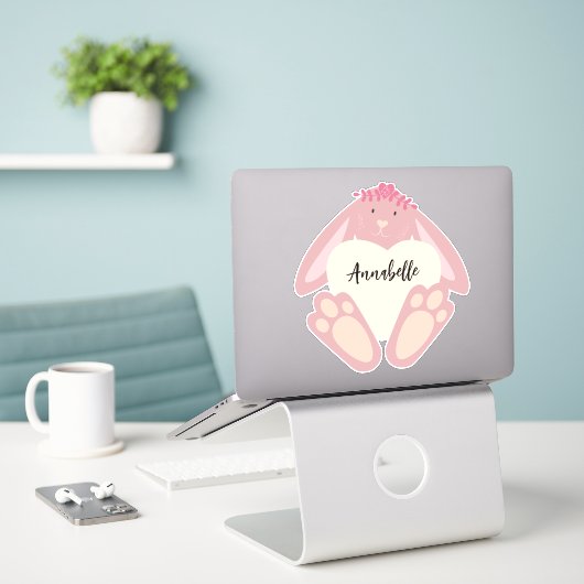 Sticker Joli Lapin Rose Fille Avec Fleurs Coeurs (Ordinateur portable sur le bureau)