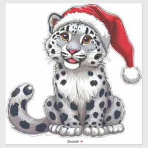 Sticker Joli Léopard des Neiges en Cartoon avec Chapeau de