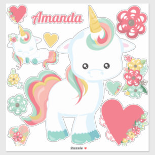 Sticker Joli Licorne Féminin Cœurs Floral