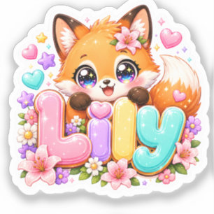 Sticker Joli Lily Fox Nom Pastel Rose Floral Bois