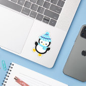 Sticker Joli Manchot d'Hiver (Ordinateur portable avec iPhone)
