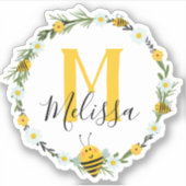 Sticker Joli Monogramme Jaune Aquarelle Abeilles Wreath (Devant)