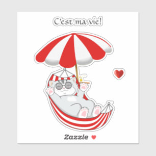 Sticker Joli petit chaton dans un hamac rouge et blanc ave