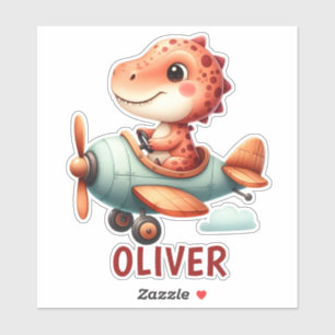 Sticker Joli Petit Pilote Dinosaure Avion en Vol