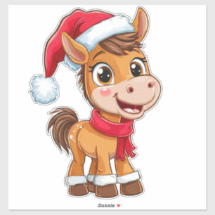 Sticker Joli Poney de Dessin Animé avec Chapeau et Écharpe