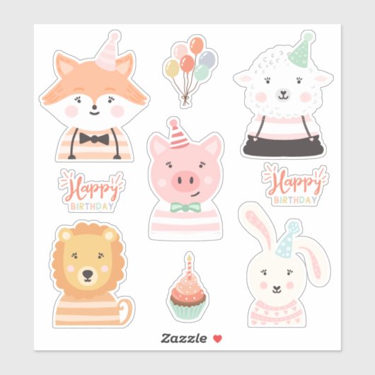 Sticker Jolie adorable Anniversaire Animaux de fête (Feuille)