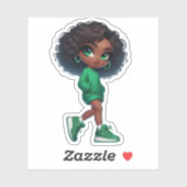 Sticker Jolie en vert mignon fille chibi noir (Feuille)