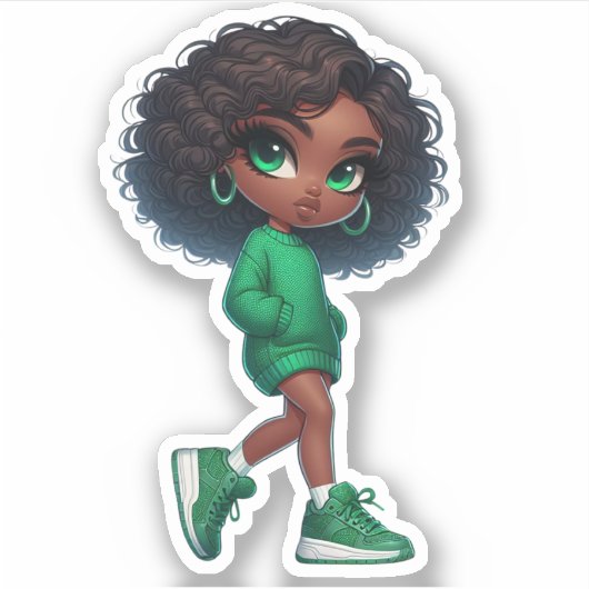 Sticker Jolie en vert mignon fille chibi noir (Devant)
