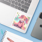Sticker Jolie fille Anime en Pigtails Roses (Ordinateur portable avec iPhone)