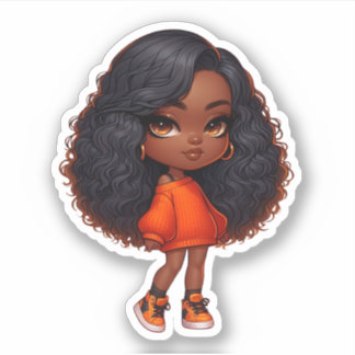 Sticker jolie fille chibi noire en orange