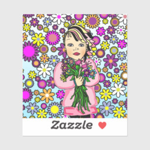 Sticker Jolie fille d'art populaire Whimsical tenant des f