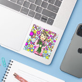 Sticker Jolie fille d'art populaire Whimsical tenant des f (Ordinateur portable avec iPhone)