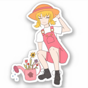Sticker Jolie fille de jardinage avec fleurs Cheveux blond