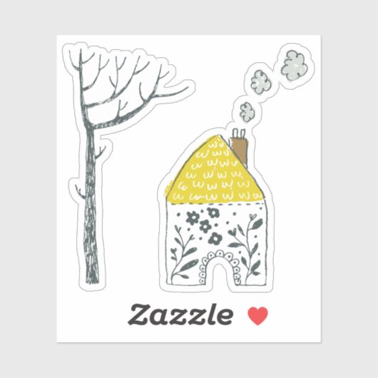 Sticker Jolie maison fleurie jaune arbre nu (Feuille)