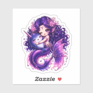 Sticker Jolie Mermaid Chibi Enlaçant un Bébé Narval