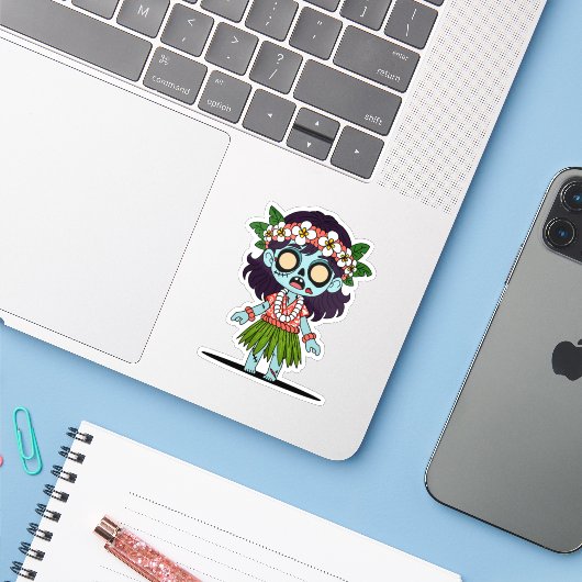 Sticker Jolie Zombie Fille Hawaïenne (Ordinateur portable avec iPhone)
