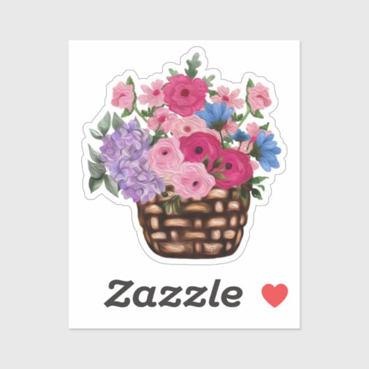 Sticker Jolies fleurs roses dans le panier en osier (Feuille)