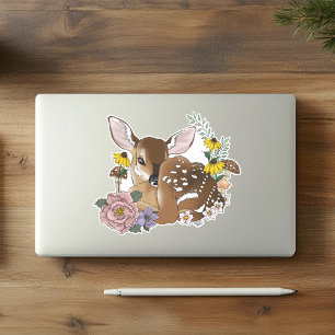 Sticker Jolies Fleurs Sauvages Faon Bleu Bébé Cerf Forêt