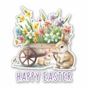 Sticker Jolis lapins de Pâques heureux et fleurs