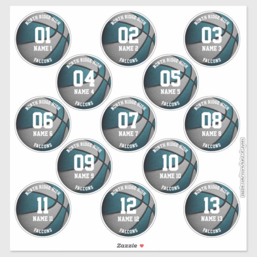 Sticker joueurs de basketball gris turquoise noms 3 pouces (Feuille)