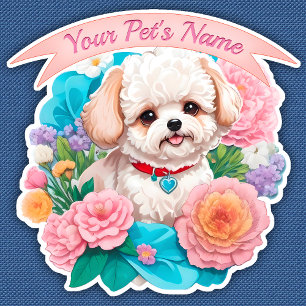 Sticker Joueuse Bichon Frisé, fleurs colorées assorties