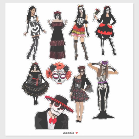 Sticker Jour des femmes mortes hommes Squelette gens art (Feuille)