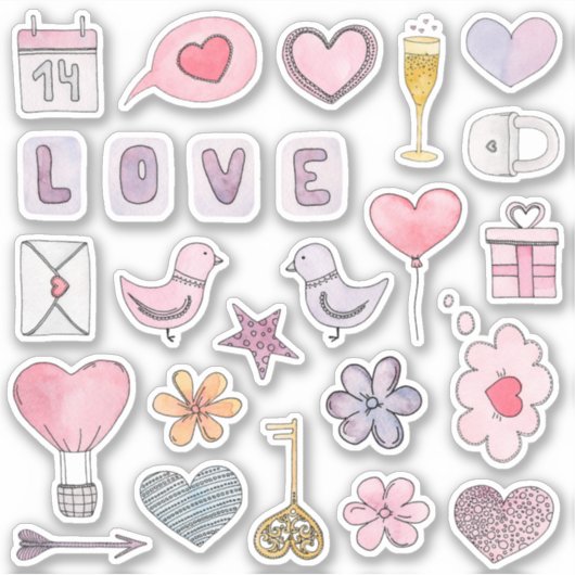 Sticker Jour des valentines d'aquarelle. Amour, coeur rose (Devant)