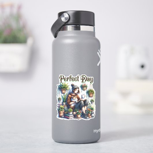 Sticker Jour parfait | Lecture féminine avec chat et Plant (HydroFlask)