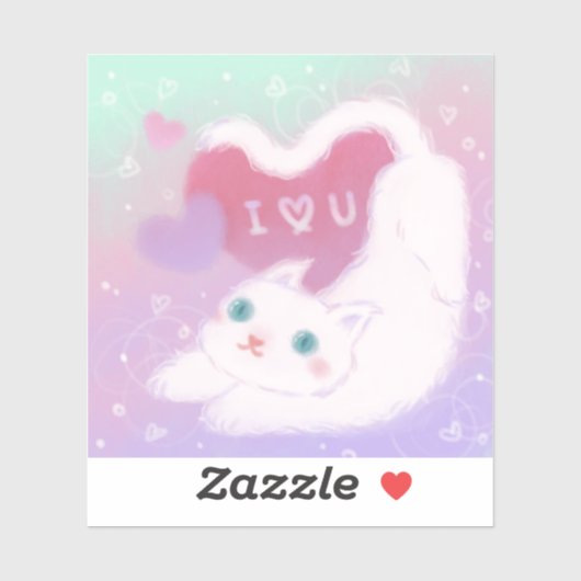 Sticker Joyeuse Saint-Valentin avec un chat blanc duveteux (Feuille)