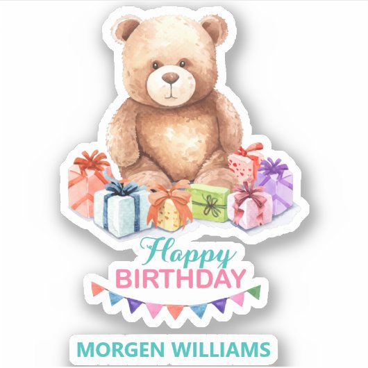 Sticker Joyeuse typographie d'anniversaire mignon ours en  (Devant)