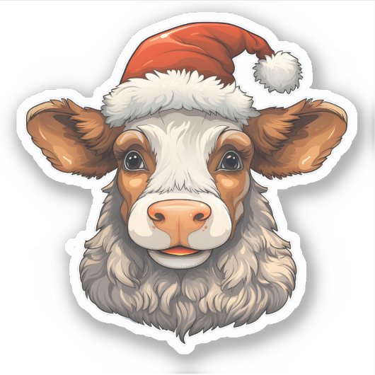 Sticker Joyeuse vache de Noël mignonne portant un chapeau  (Devant)