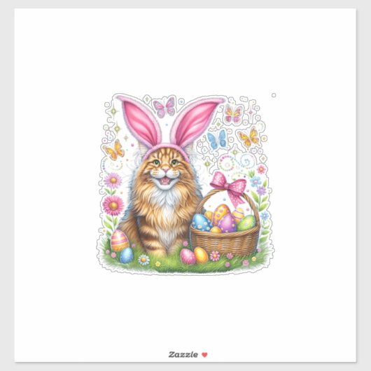 Sticker Joyeuses Pâques Lapin Mignon Chat Maine Coon Œufs (Feuille)