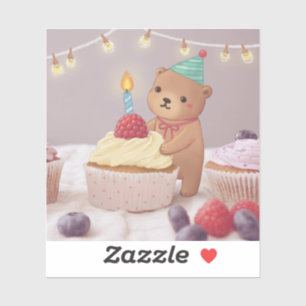 Sticker Joyeux Anniversaire : Ourson en Peluche & Gâteaux