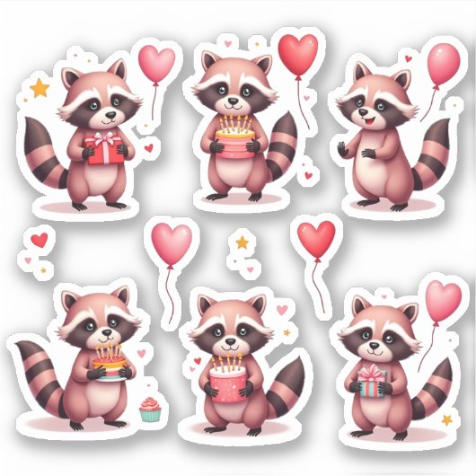 Sticker Joyeux Anniversaire Pink Raccoons Cake Balloons Ca (Devant)