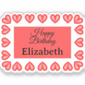 Sticker Joyeux anniversaire rectangle cadre coeur nom pers (Recto)