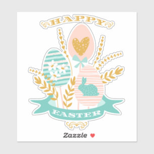 Sticker Joyeux arrangement de Pâques fleurs et lapin de Pâ