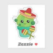 Sticker Joyeux cactus ronds portant un Sombrero Rouge (Feuille)