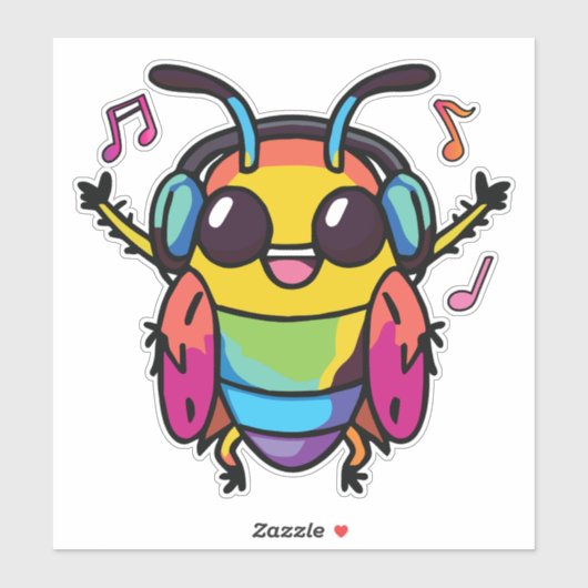 Sticker Joyeux cafard avec écouteurs écoutant de la musiqu (Feuille)