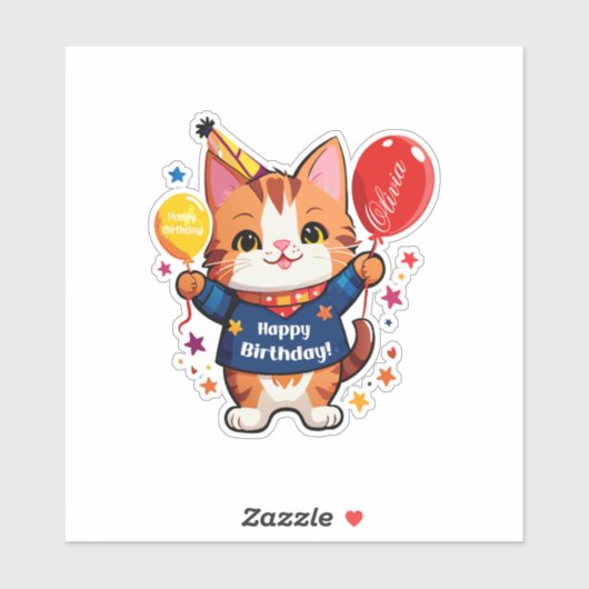 Sticker Joyeux Chat D'Anniversaire Avec Balcon Rouge (Feuille)